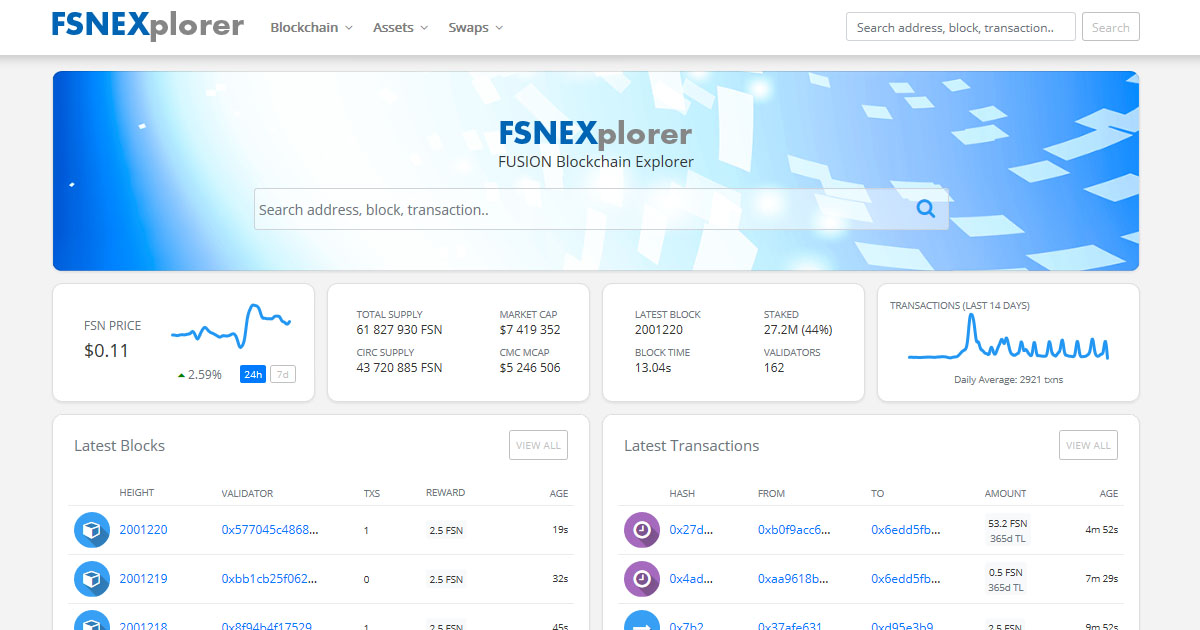 The original FSNEX explorer, with its blue wordmark, search bar and side-by-side block and transaction tables. Historical screenshot, not current network data.